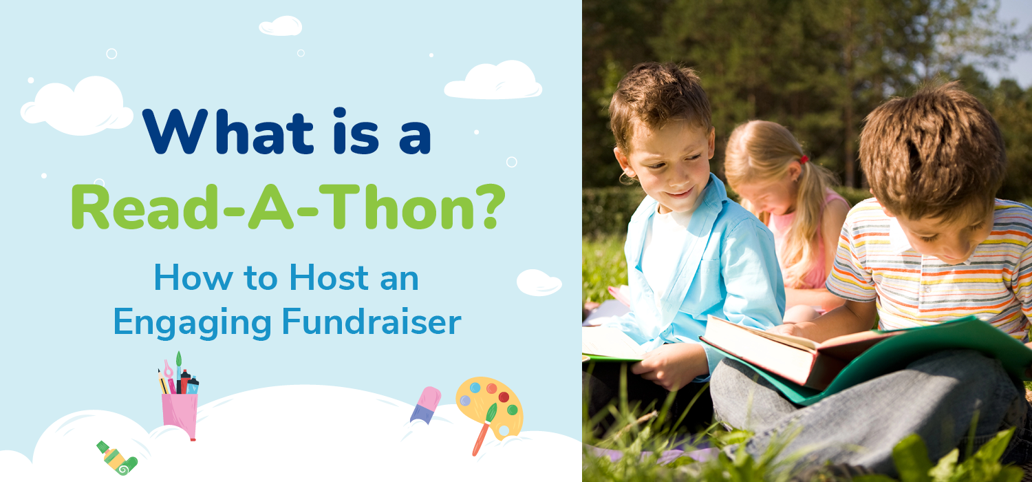 The article's title, What is a Read-A-Thon? How to Host an Engaging Fundraiser, beside three children reading in a park.